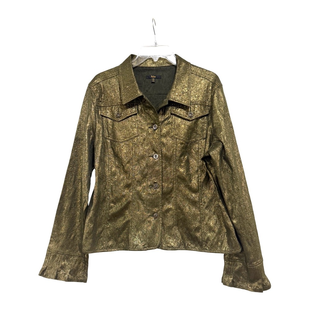 Reba Gold Metallic Floral Brocade Trucker Jacket XL Ruffle Cuffs Western Glam